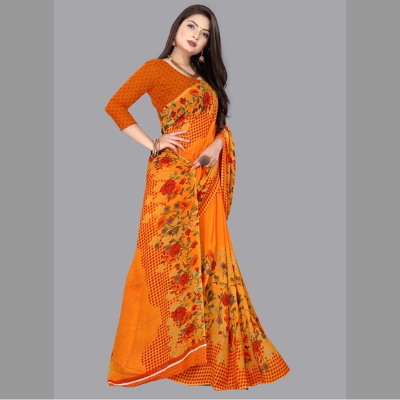 🧡Floral Print Daily Wear Light Weight Georgette Saree with Unstitched Blouse🧡 - Picture 3 of 5